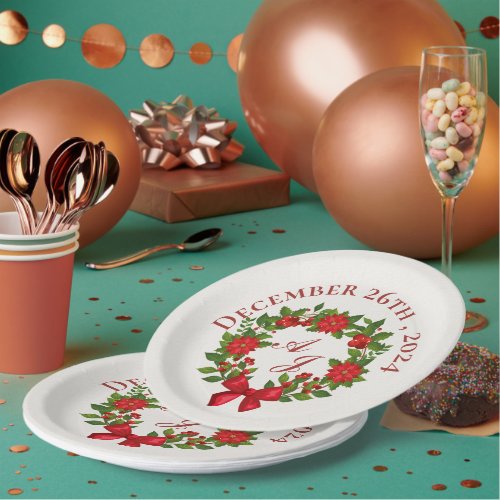 Red Poinsettia Berries Christmas Wedding Party Paper Plates