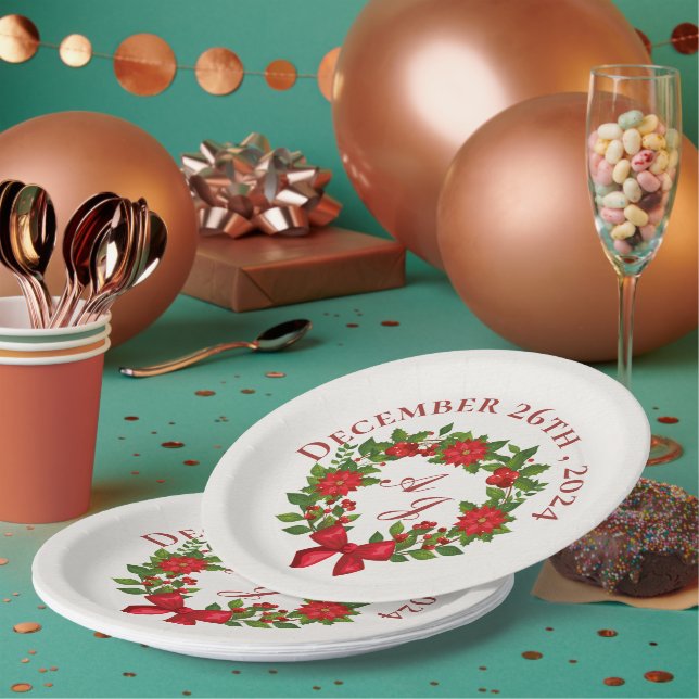 Red Poinsettia Berries Christmas Wedding Party Paper Plates (Multi)