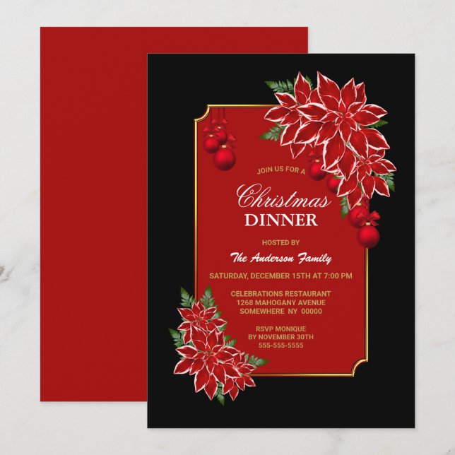 Red Poinsettia Black Border Christmas Dinner Invitation (Front/Back)