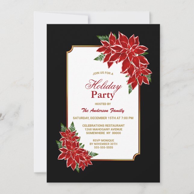 Red Poinsettia Black Border Holiday Party Invitation (Front)