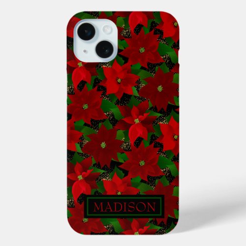 Red Poinsettia Black Christmas iPhone 15 Plus Case