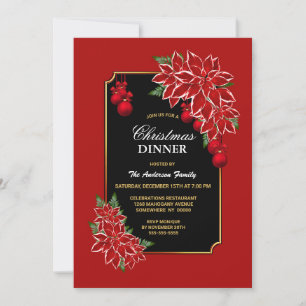 Red Poinsettia Black Christmas Dinner Invitation