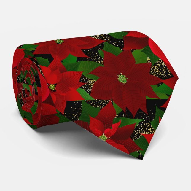 Red Poinsettia Black Christmas Neck Tie (Rolled)