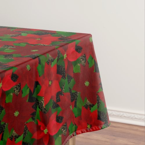 Red Poinsettia Black Christmas Tablecloth