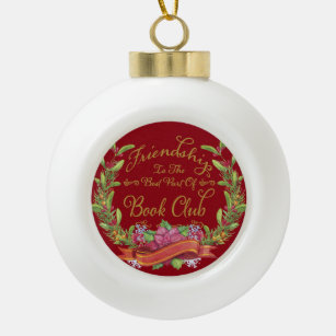 Red Poinsettia Book Club Friendship Ceramic Ball Christmas Ornament