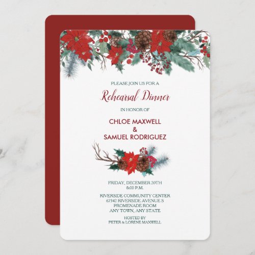 Red Poinsettia Border Bouquet Rehearsal Dinner Invitation