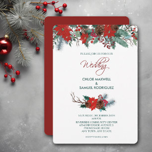Red Poinsettia Border Bouquet Wedding Invitation