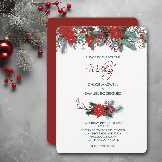 Red Poinsettia Border Bouquet Wedding Invitation (Creator Uploaded)