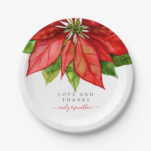 Red Poinsettia Border Christmas Wedding Names Paper Plates (Front)