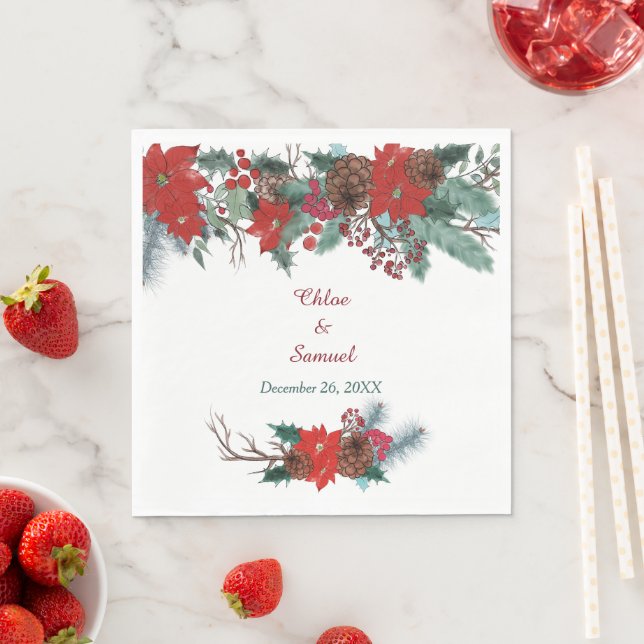 Red Poinsettia Border Floral Wedding Napkins (Insitu)