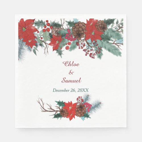 Red Poinsettia Border Floral Wedding Napkins