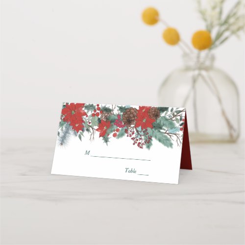 Red Poinsettia Border Floral Wedding Place Card