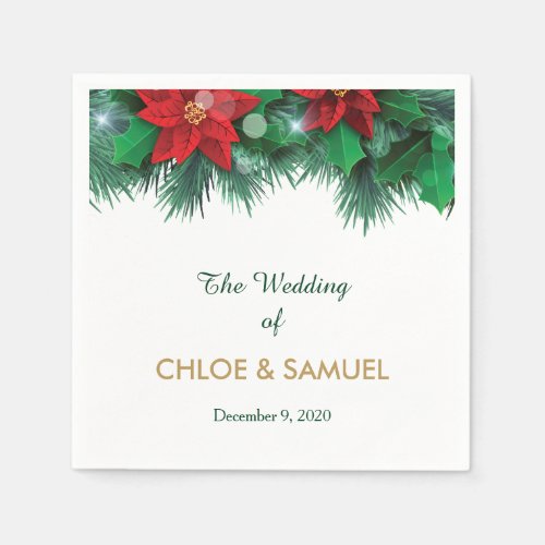 Red Poinsettia Border Wedding Paper Napkins