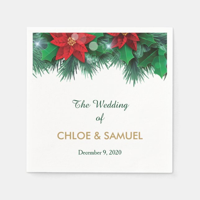 Red Poinsettia Border Wedding Paper Napkins (Front)