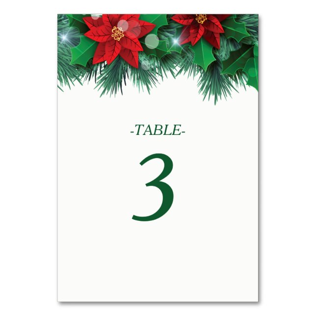 Red Poinsettia Border Wedding Table Number (Front)