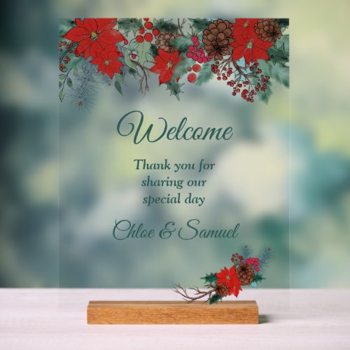 Red Poinsettia Border Wedding Welcome2 Acrylic Sign