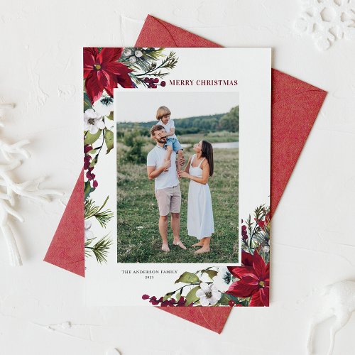 Red Poinsettia Botanical Merry Christmas Photo Holiday Card