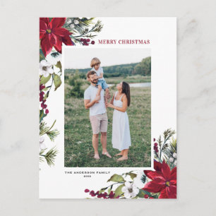 Red Poinsettia Botanical Merry Christmas Photo Holiday Postcard