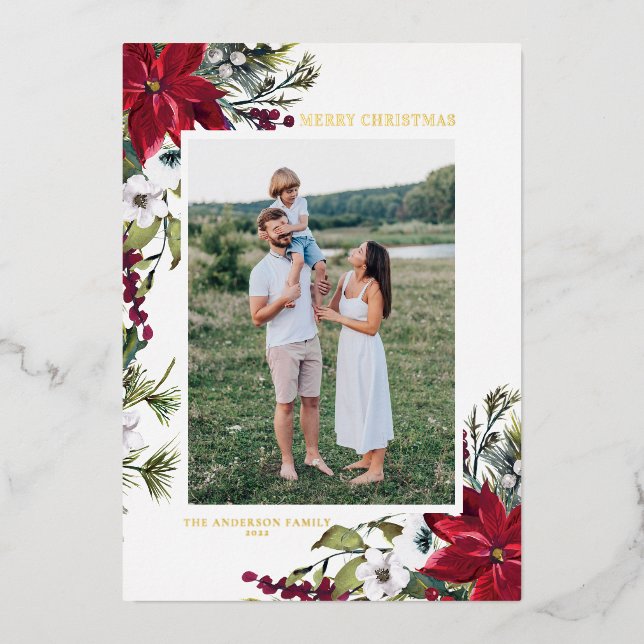Red Poinsettia Botanical Photo Merry Christmas Foil Holiday Card (Front)