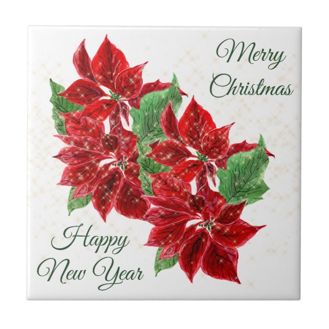 Red Poinsettia Bouquet Christmas Ceramic Tile (Front)