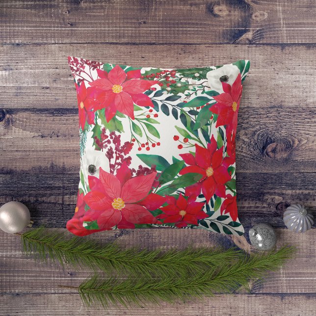 Red Poinsettia Bouquet Floral Christmas Throw Pillow (Creator Uploaded)