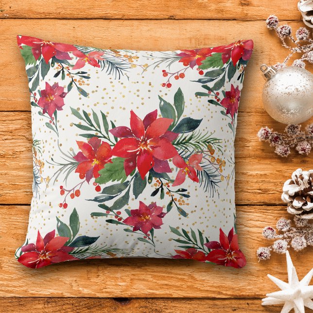 Red Poinsettia Bouquet Gold Confetti Christmas Throw Pillow (Creator Uploaded)