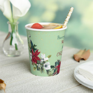 Red Poinsettia Bouquet Gold Glitter Christmas Paper Cups