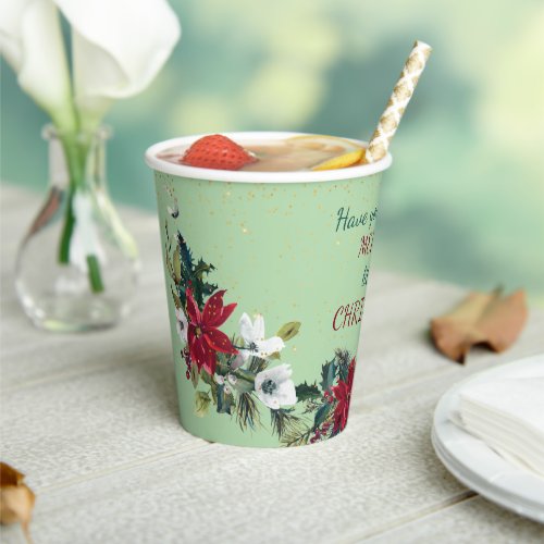 Red Poinsettia Bouquet Gold Glitter Christmas  Paper Cups