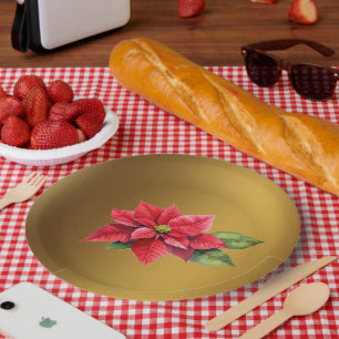 Red Poinsettia Brushed gold color Paper Plates