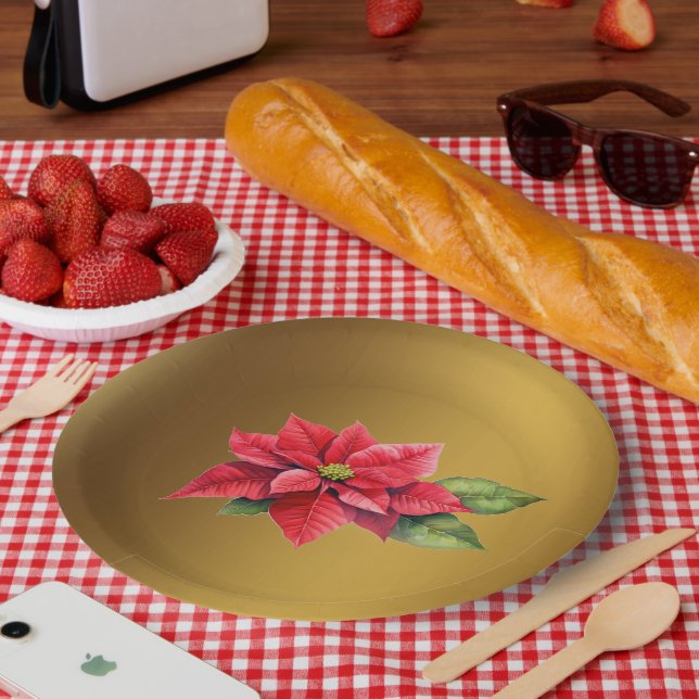 Red Poinsettia Brushed gold color Paper Plates (Picnic)