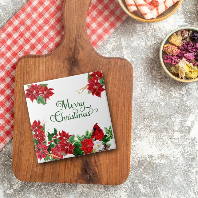 Red Poinsettia Cardinal Christmas Ceramic Tile (Creator Uploaded)