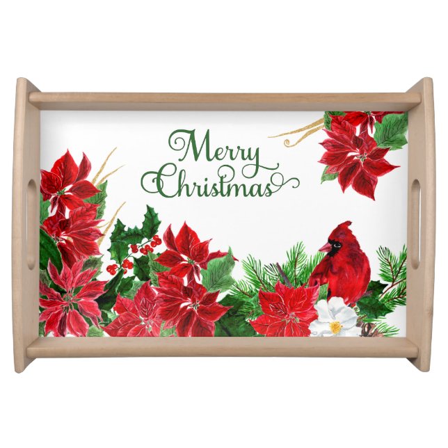 Red Poinsettia Cardinal Christmas Serving Tray (Front)
