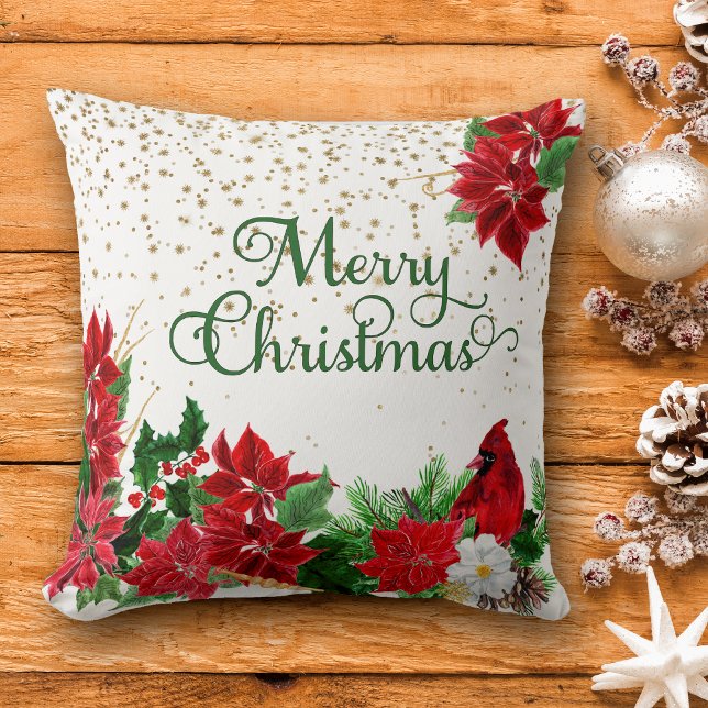 Red Poinsettia Cardinal Christmas Throw Pillow (Creator Uploaded)