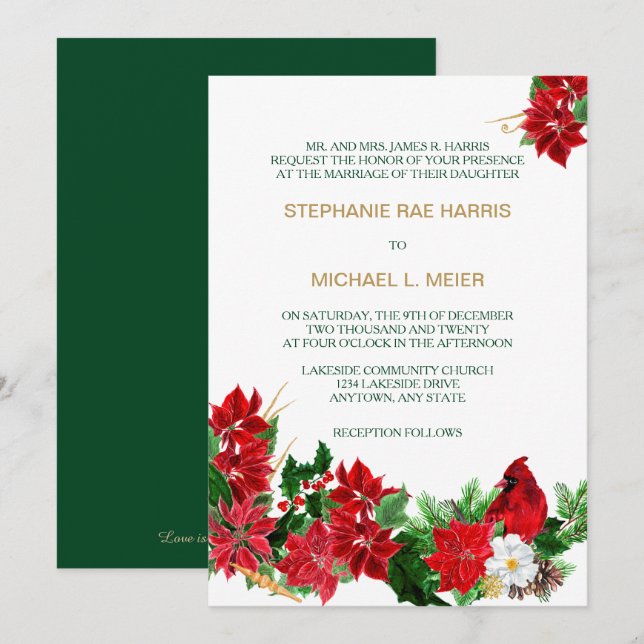 Red Poinsettia Cardinal Christmas Wedding Invite (Front/Back)