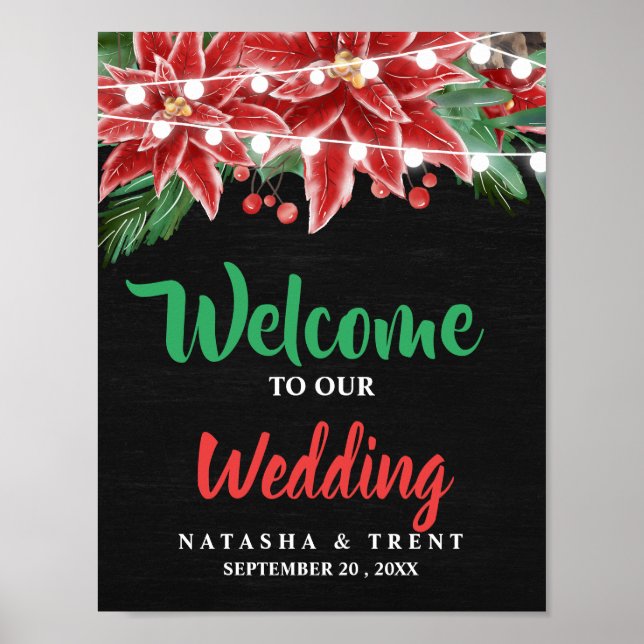 Red Poinsettia Chalkboard Christmas Wedding Poster (Front)