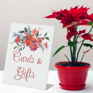 Red Poinsettia Chic Christmas Wedding Cards Gifts Pedestal Sign