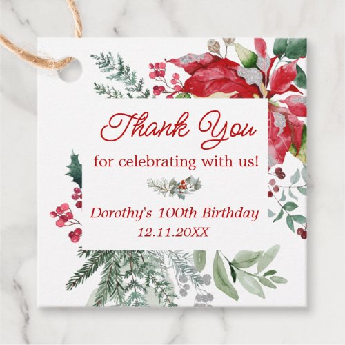 Red Poinsettia Christmas 100th Birthday Favor Tags