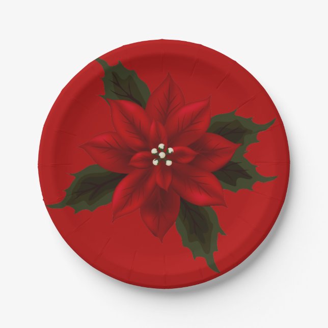 Red Poinsettia Christmas 7" Paper Plates (Front)