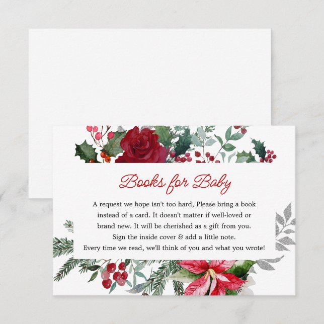 Red Poinsettia Christmas Baby Shower Book Request Enclosure Card (Front/Back)