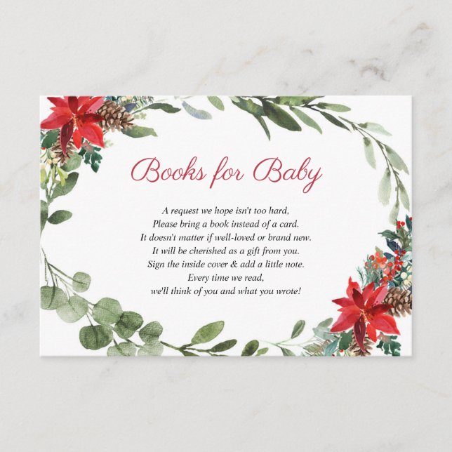 Red poinsettia Christmas baby shower book request  Enclosure Card (Front)