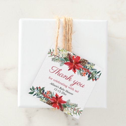 Red Poinsettia Christmas baby shower Favor Tags