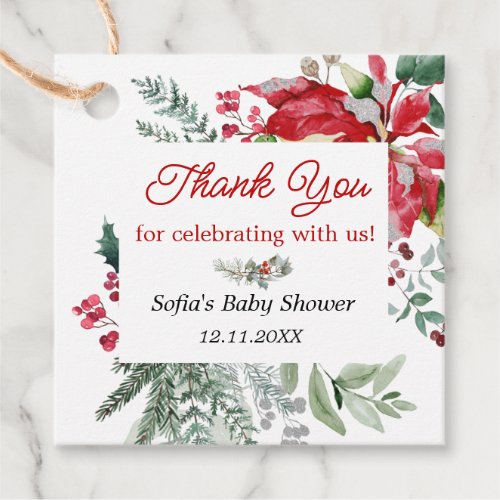 Red Poinsettia Christmas Baby Shower Favor Tags