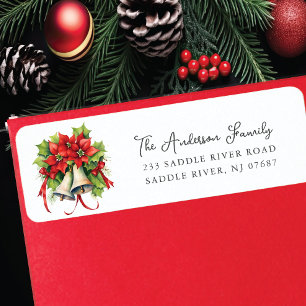 Red Poinsettia Christmas Bells Label