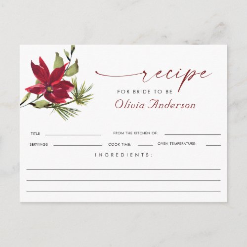 Red Poinsettia Christmas Bridal Shower Recipe Card