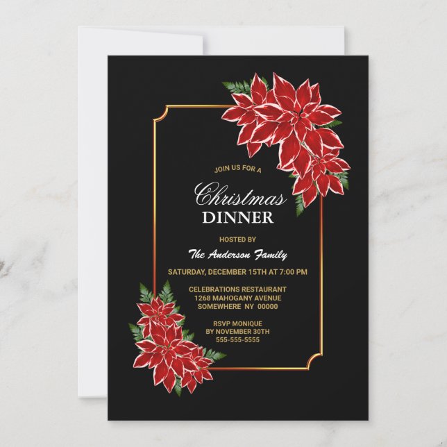 Red Poinsettia Christmas Dinner Party Invitation (Front)
