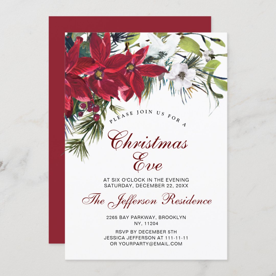 Red Poinsettia Christmas Eve Party Watercolor Invitation | Zazzle