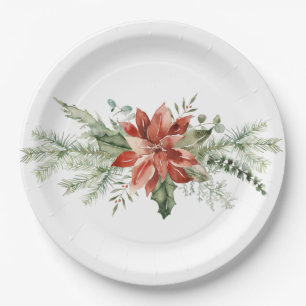 Red Poinsettia Christmas Evergreens Paper Plates