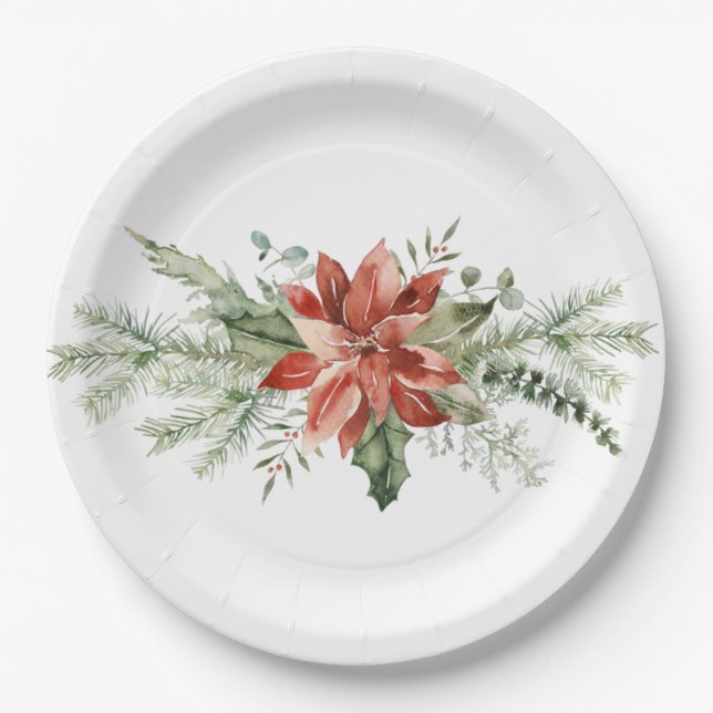Red Poinsettia Christmas Evergreens Paper Plates (Front)