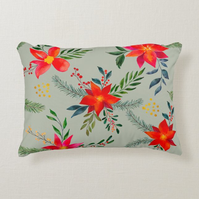  Red Poinsettia Christmas Floral Accent Pillow (Front)