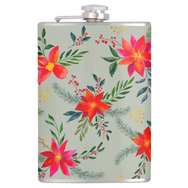  Red Poinsettia Christmas Floral Flask (Front)